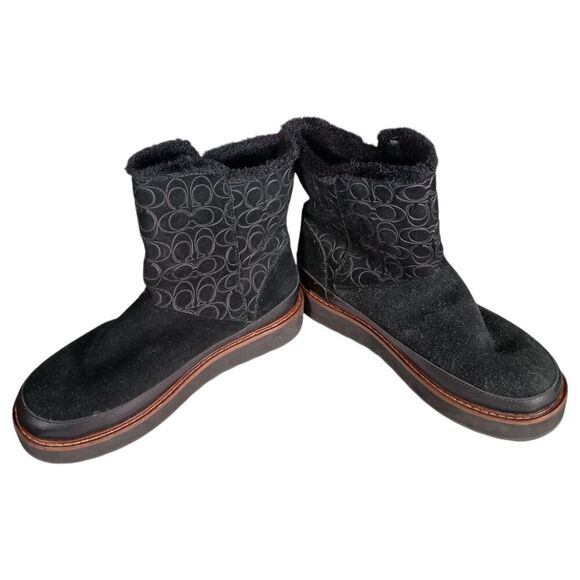 Coach Boots 7 Womens Black Signature Isa Suede Snow Flat Round Toe Low Comfort - Picture 3 of 12